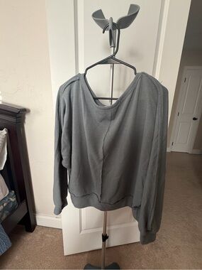 Grayish Blue Raw-Edge Pullover Sweatshirt
